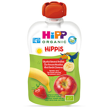Pārtikas produkta iepakojums ar zīmolu "HiPPis", stilizētu logotipu, attēlotiem dažādiem augļiem un mazu animētu tēlu.