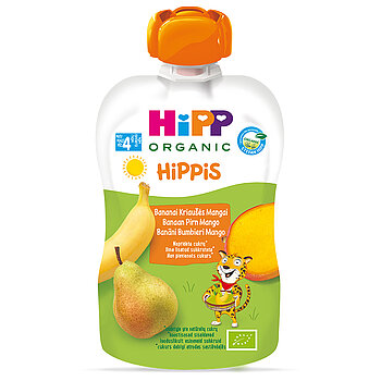 Iepakots pārtikas produkts, uz kura attēlots multiplikācijas filmas varonis, banāns, bumbieris un mango.