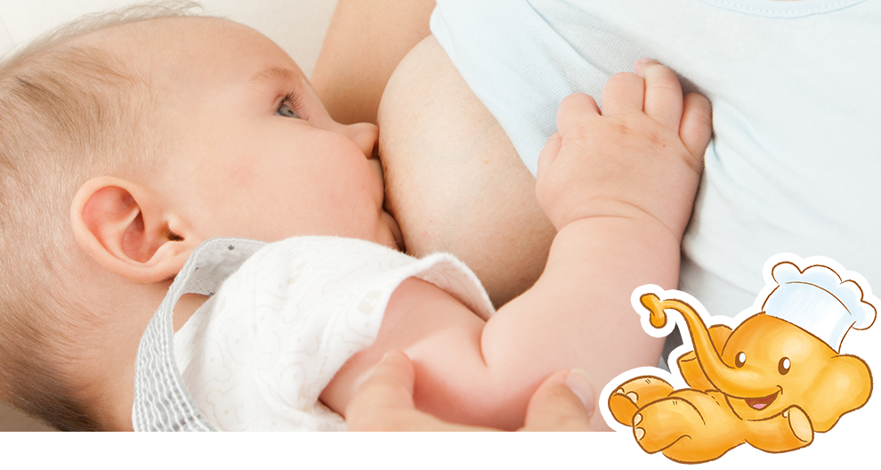 A baby is nursing from a woman, with a cartoon elephant wearing a chef's hat in the corner.