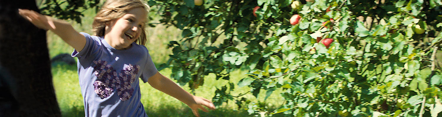 A girl in a blue shirt is playfully reaching out towards a tree laden with green leaves and red fruits.