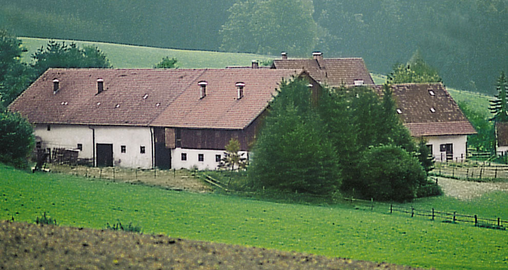 Lauku ainava ar baltu ēku, brūniem jumtiem un zaļiem laukiem.