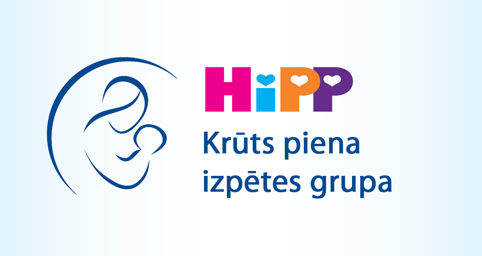 Stilizēti attēlota māte un bērns, kas apskāvušies, kopā ar tekstu "HIpp Kruts piena izpetes grupa".