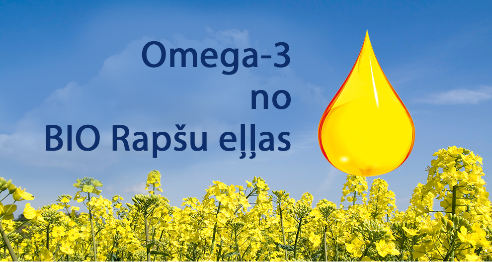 Eļļas piliens peld virs dzeltenu ziedu lauka zem zilām debesīm un virs tā ir uzraksts "Omega-3 no BIO Rapsu elliş".
