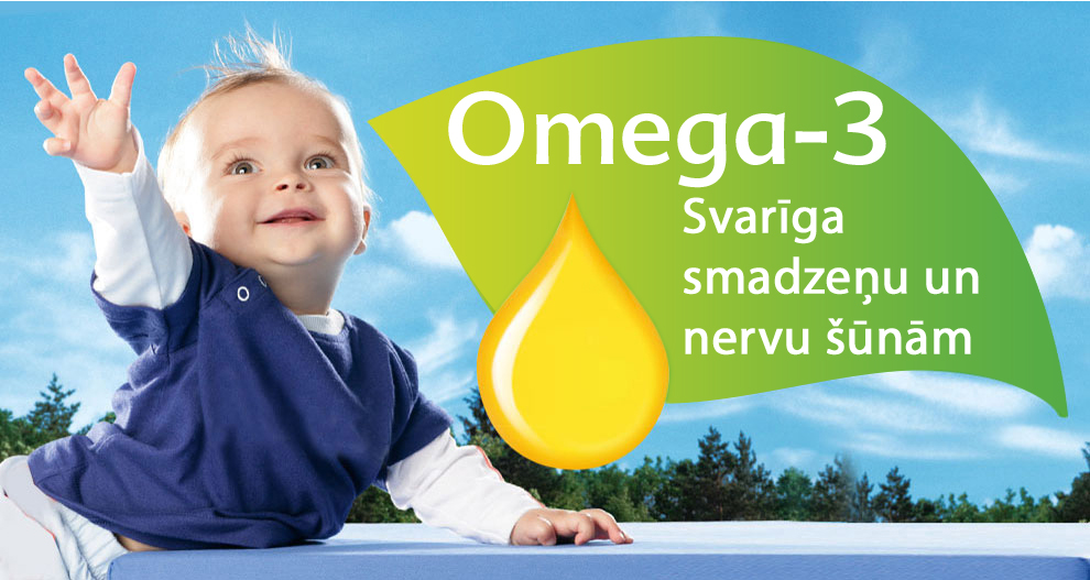 Mazulis, kas sniedzas ar Omega-3 attēlu un pilienu fonā.