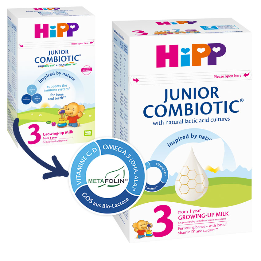 Divas kastes Hipp Junior Combiotic piena augošiem bērniem, viena no kurām paredzēta 3 gadu vecumam, ar uzsvaru uz to galvenajām sastāvdaļām un īpašībām.