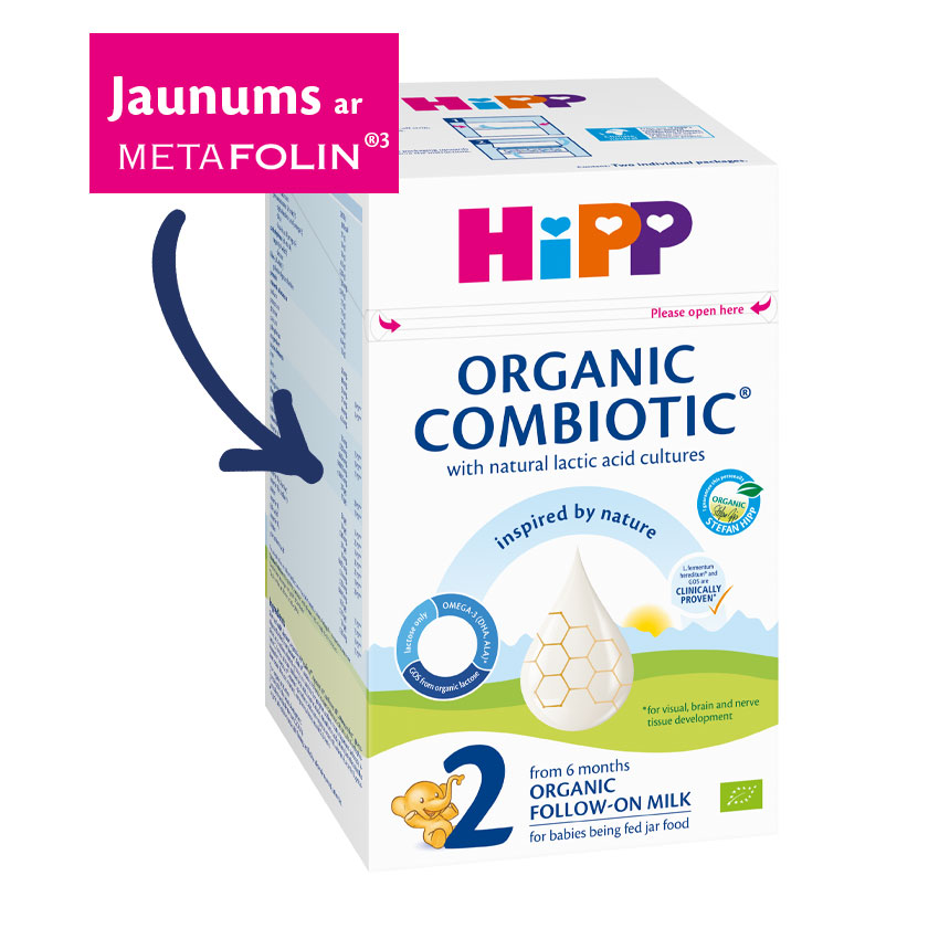 Hipp Organic Combiotic turpināmā piena kaste, kurā uzsvars likts uz tā bioloģisko dabu, Metafolīna iekļaušanu un mērķauditoriju - zīdaiņiem, kas tiek baroti ar burciņu pārtiku.
