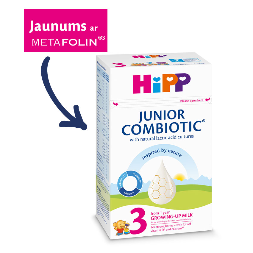 "Hipp Junior Combiotic" produkta iepakojums ar marķējumu, uz kura kā sastāvdaļa norādīts "Metafolin®".