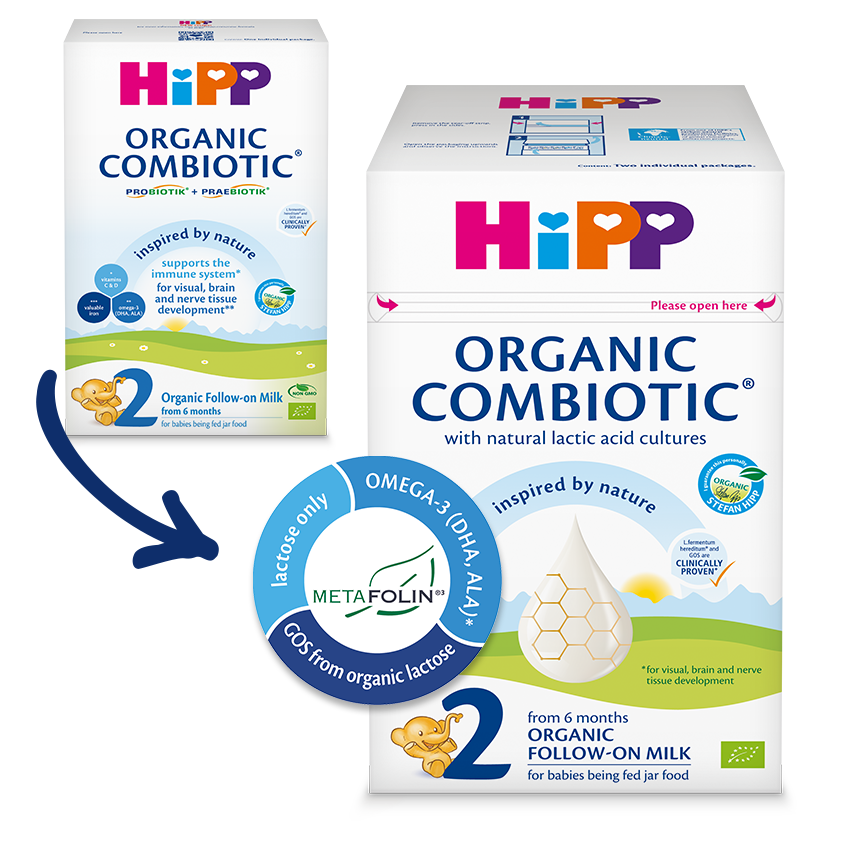 Divas kastes Hipp Organic Combiotic bērnu ēdiena, viena 1. posmam un otra 2. posmam, ar uzsvaru uz bioloģiskajām sastāvdaļām, probiotikām un omega-3 taukskābēm.