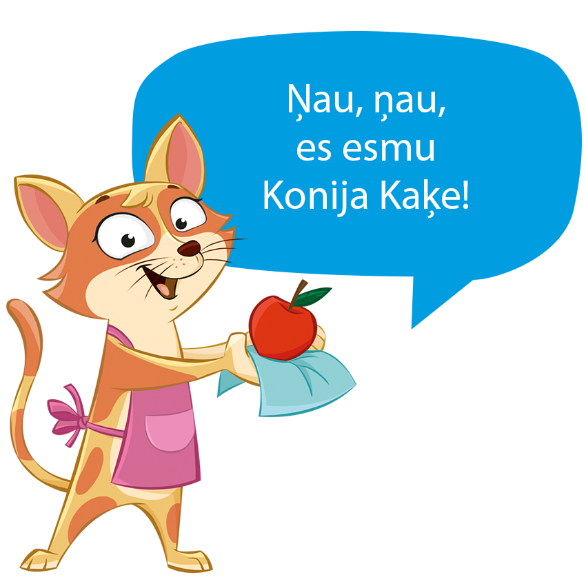 Kaķis ar ābolu un drānu rokās.