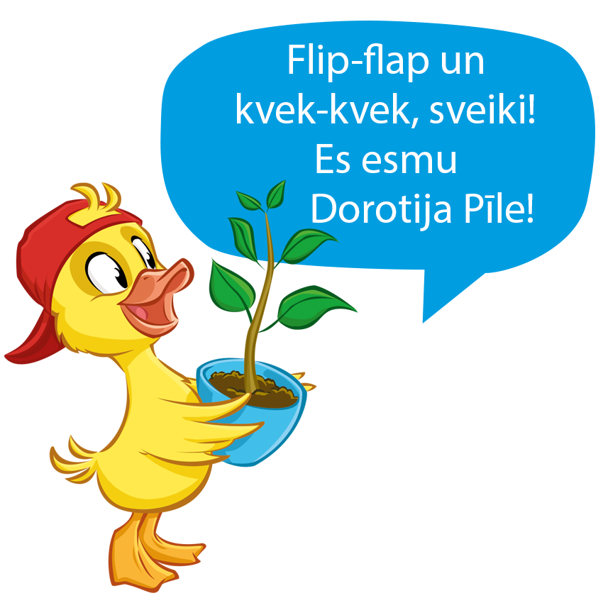 Dzeltena pīle sarkanā cepurē tur podiņā iestādītu augu ar runas burbuli, kurā ir teksts.