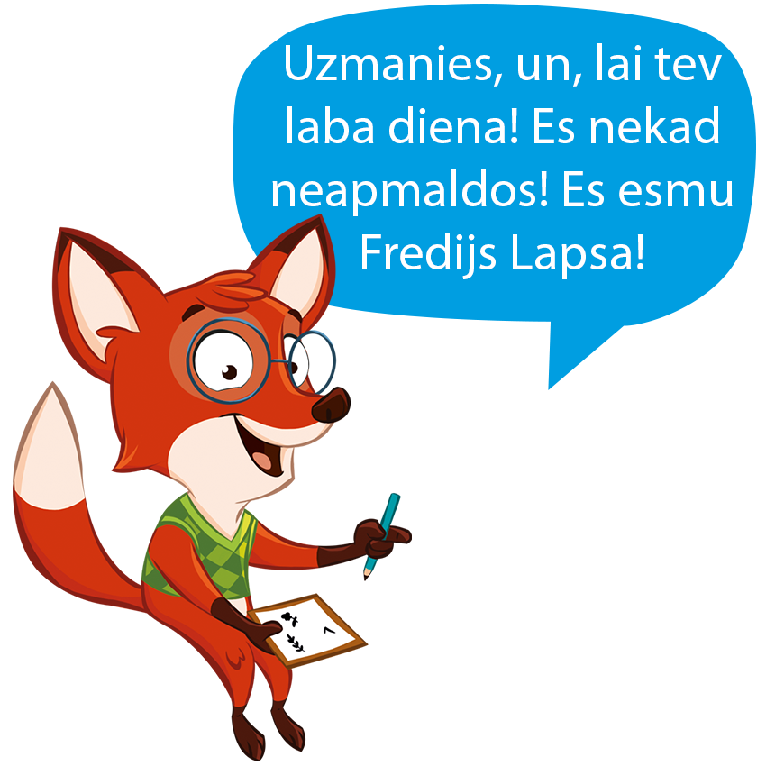 Lapsa ar piezīmju blociņu un pildspalvu, uz kuras ir uzraksts runas burbulī.