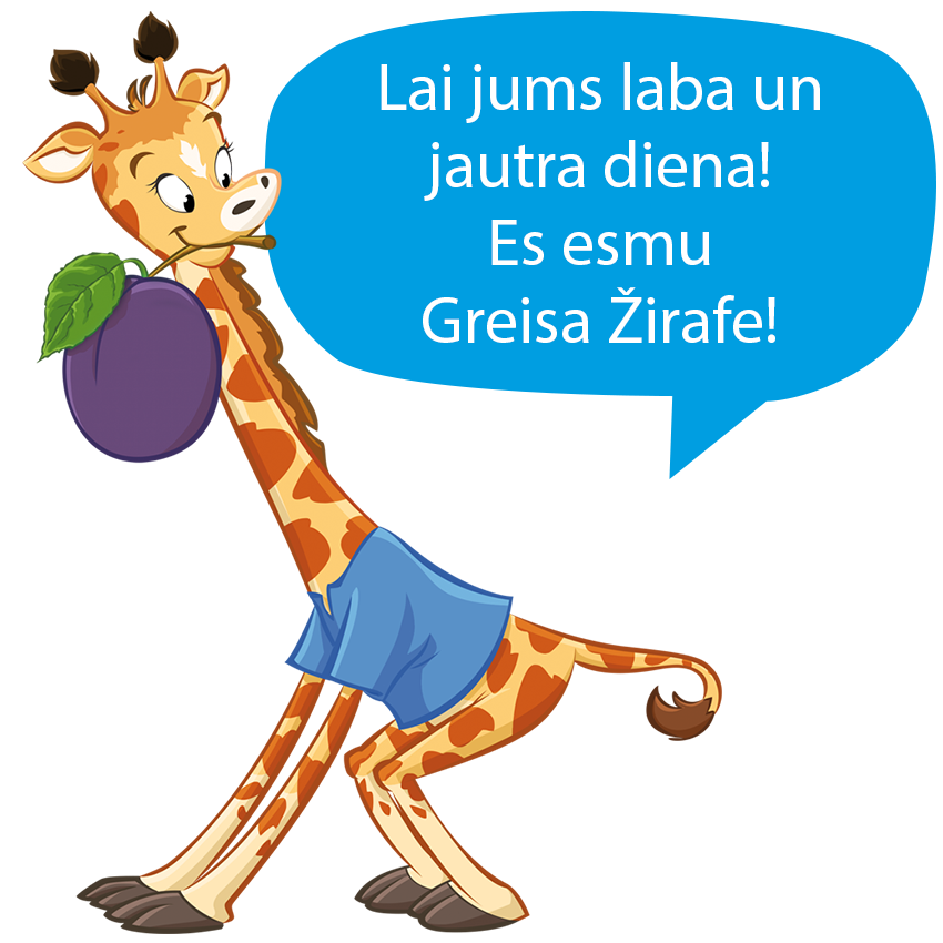 Žirafe, kas tur plūmi ar runas burbuli, kurā ir teksts.