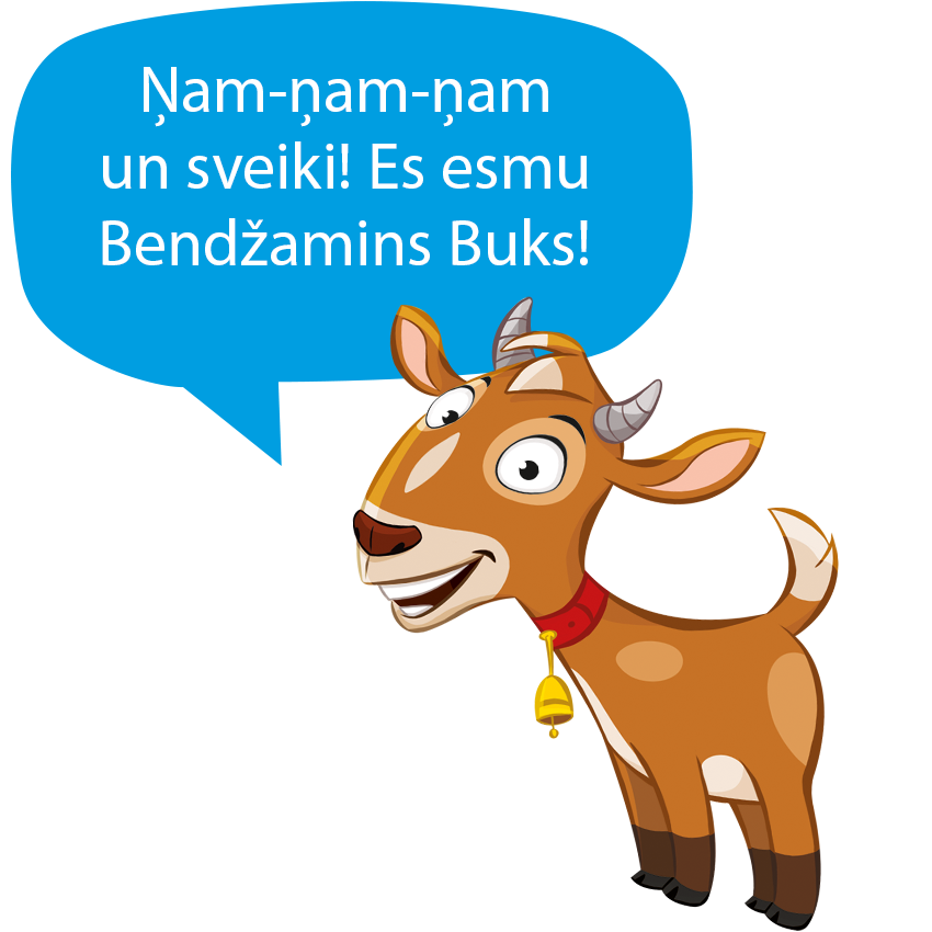 Multiplikācijas kaza ar zvaniņu ap kaklu saka: "Nam-nam-nam un sveiki! Es esmu Bendzamins Buksi!"