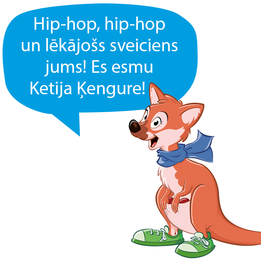 Kangurs zaļās kurpēs un zilā šallē saka frāzi svešvalodā.