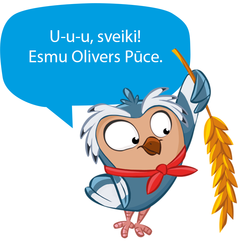 Karikatūra ar pūci, kas tur kviešu sējumu ar runas burbuli, kurā ir teksts.