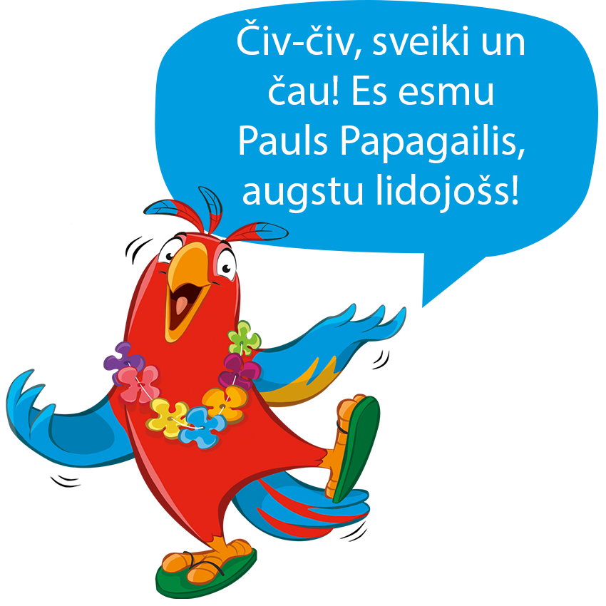 Krāsains putns ar ziedu virteni dejo ar runas burbuli, kurā ir teksts.