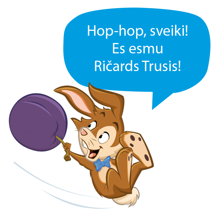 Brūns trusis, kas tur violetu balonu ar zilu runas burbuli, kurā ir teksts.