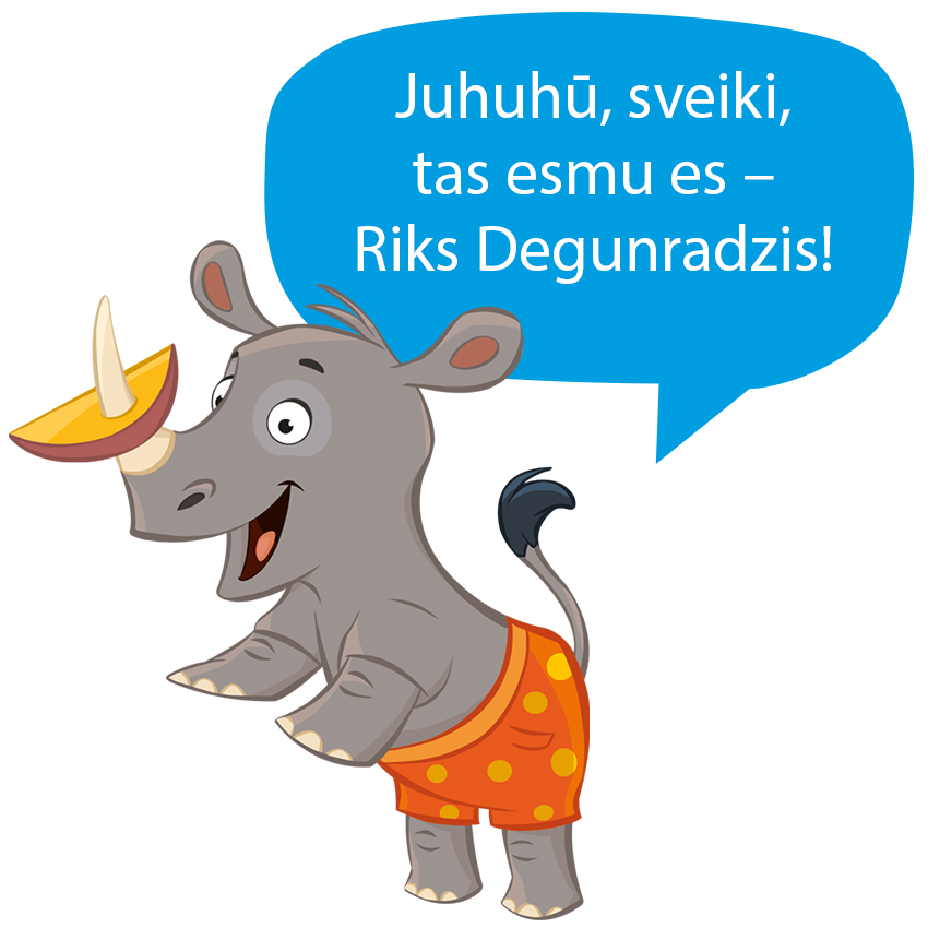 Karikatūra degunradzis oranžos šortos saka: "Juuhuu, sveiki, tas esmu es - Riks Degunradzis!"
