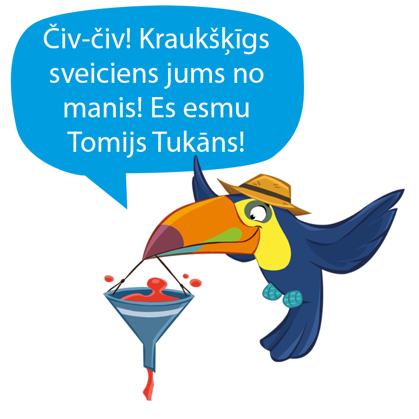 Tukāns cepurē tur piltuvi ar sarkanu vielu.