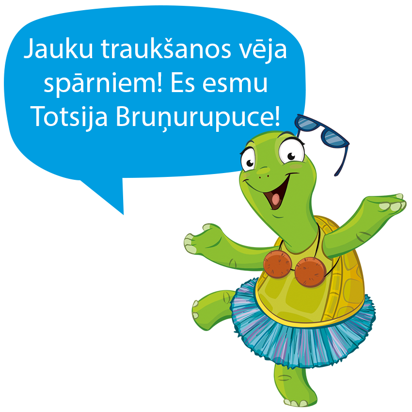 Bruņurupucis kleitā un saulesbrillēm dejo ar runas burbuli, kurā ir teksts.