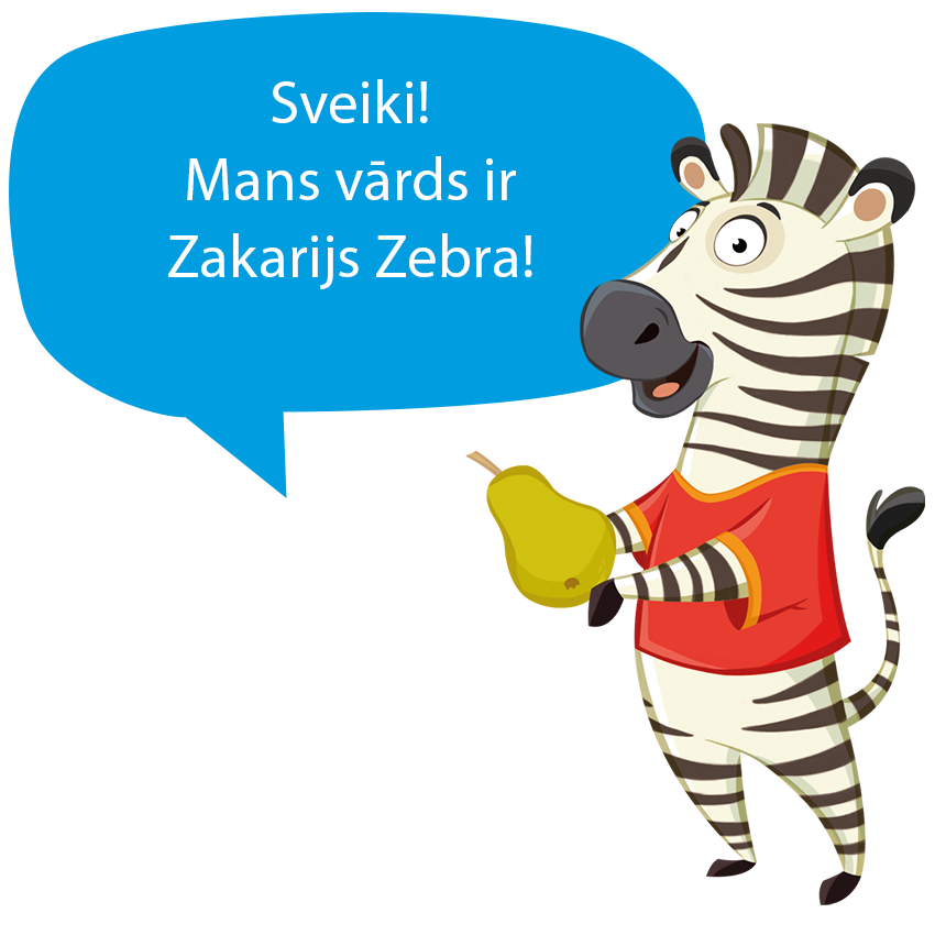 Zebra sarkanā kreklā, kas tur bumbieri ar runas burbuli, kurā ir teksts.