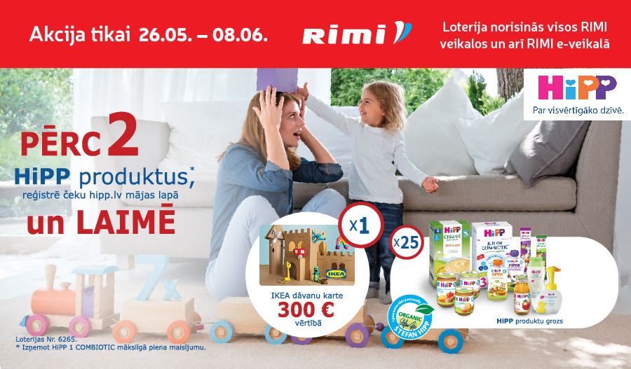 Reklāmas reklāma, kurā redzama sieviete un bērns, kas spēlējas ar rotaļlietām, ar īpašu piedāvājumu iegādāties HiPP bērnu preces un saņemt IKEA dāvanu karti.