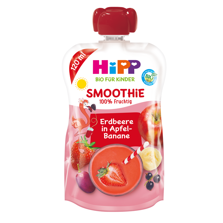 Rozā krāsas, 120 ml, bērniem draudzīgs smūtijs maisiņā ar zemeņu šķēlīti, karotīti un augļu maisījumu, kas attēlots tā priekšpusē.